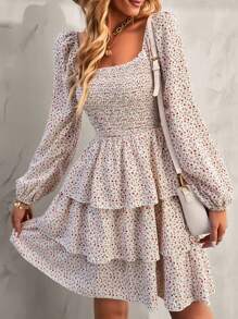 Women's Spring Floral Swiss Dot Square Neck Gathered Dress Long Sleeve Ruffle Flare Layerd Summer Street Garden Beach Boho Valentine Short Dress