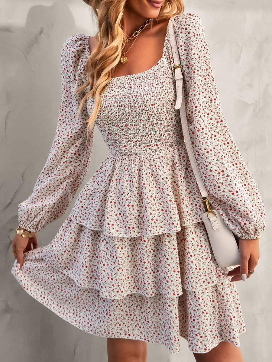 Women's Spring Floral Swiss Dot Square Neck Gathered Dress Long Sleeve Ruffle Flare Layerd Summer Street Garden Beach Boho Valentine Short Dress