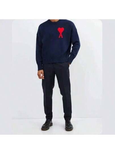 AMI Navy Big Heart Logo Round Sweater A21FK009 016 410