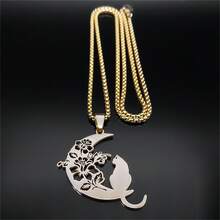 Dây chuyền mặt trăng hình mèo hoa thẩm mỹ dành cho nam và nữ bằng thép không gỉ màu vàng/bạc trang sức chuỗi động vật vòng cổ quà tặng ngày lễ tình nhân năm mới - vòng cổ - Xem 6