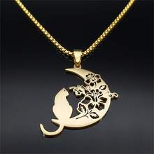 Dây chuyền mặt trăng hình mèo hoa thẩm mỹ dành cho nam và nữ bằng thép không gỉ màu vàng/bạc trang sức chuỗi động vật vòng cổ quà tặng ngày lễ tình nhân năm mới - vòng cổ - Xem 7