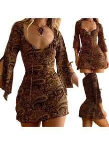 Women Summer Printed Retro Dress, Deep V Neck Slit 3/4 Flare Sleeve Bodycon French Dress For Night Beach - 棕色 - 查看 4