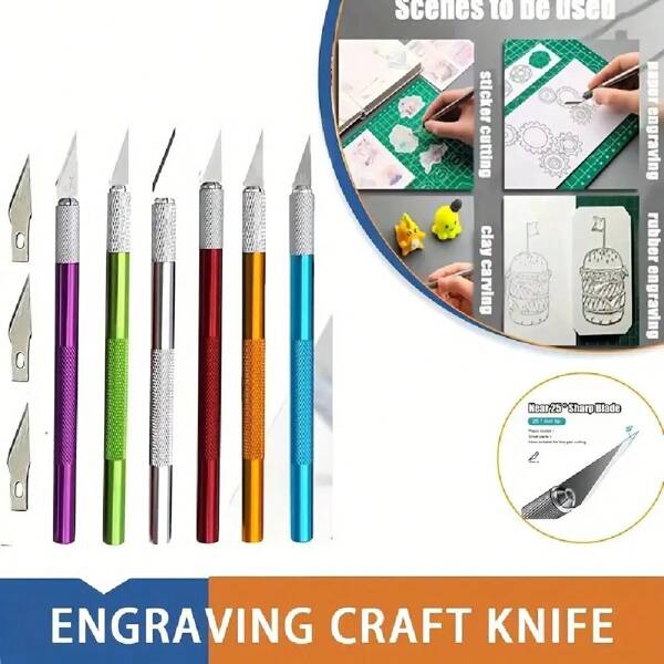 6/12 piezas Juego de cuchillos precisos para manualidades y hobbies - Juego de cuchillos utilitarios de alta precisión con cuchillas de navaja extremadamente afiladas para tallar, modelado de arquitectura, scrapbooking, corte de trabajos manuales y talla grande - Herramienta integral para personas creativas y profesionales (Mango de aleación de aluminio de 6 mm con hojas n.° 11, n.° 1, n.° 3 y n.° 4)