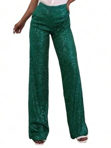 Women Sequins Wide Leg Pants Shiny Loose Casual Elastic High Waist Trousers For Work Office Streetwear - 綠色 - 查看 1