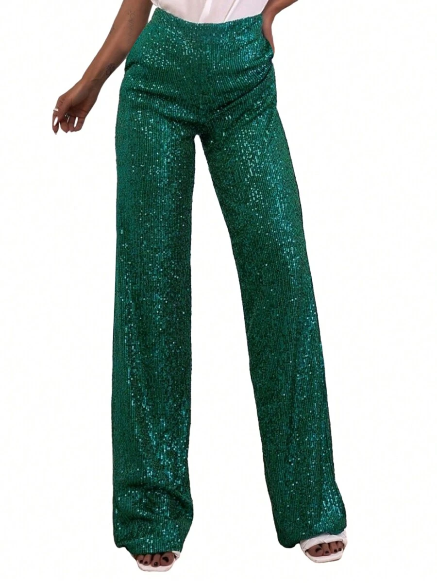 Women Sequins Wide Leg Pants Shiny Loose Casual Elastic High Waist Trousers For Work Office Streetwear - 綠色 - 查看 1