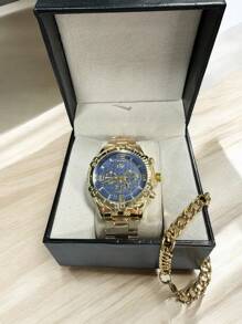 Kit Relógio Masculino Quartz DHP com Pulseira Aço + Caixa Presente dia dos Pais, Namorado - Dourado Azul - Visão 3