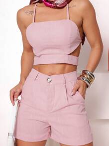 Sason Modas Women's Linen Short And Crop Top Set - Rosa Oxidada - Ver 4