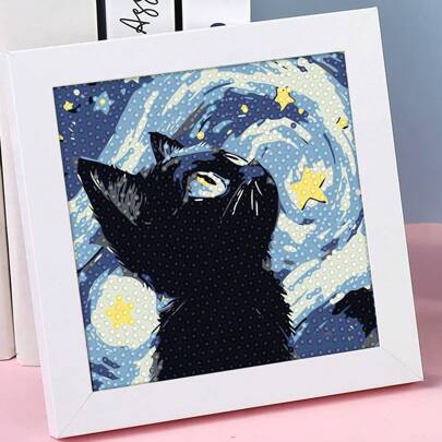 1 件新款卡通猫钻石画，画布尺寸：17*17cm，绘画区域：15*15cm，DIY 手工全马赛克钻石艺术带框架