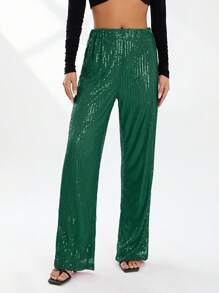 Women Sparkle Outfits Sequin Long Sleeve Blouse Shirt Top Glitter Long Loose Pants Bling Party Clubwear Streetwear - màu xanh lá - Xem 4