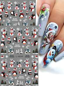 2 件闪光卡通企鹅雪人圣诞美甲贴纸冬季雪花树雪字母美甲圣诞滑块 DIY 指甲饰物装饰新年美甲用品 - 彩色 - 查看 1