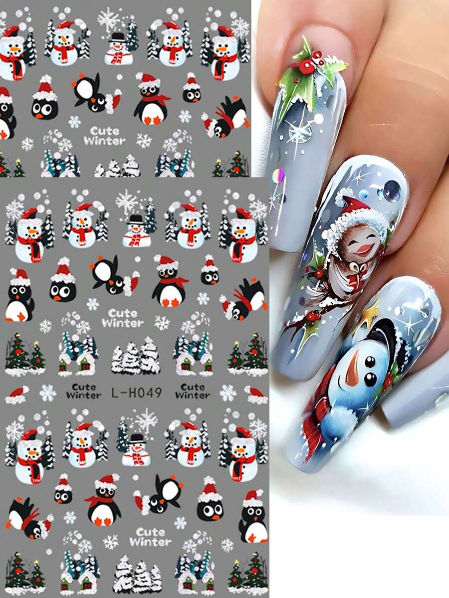 2 件闪光卡通企鹅雪人圣诞美甲贴纸冬季雪花树雪字母美甲圣诞滑块 DIY 指甲饰物装饰新年美甲用品 - 彩色 - 查看 1