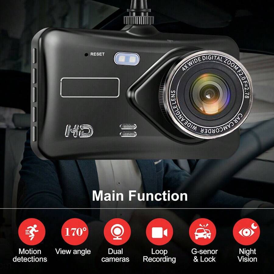 4" In Dash Cam, Car Camera Recorder, Dual Lens Front And Rear HD 1080P