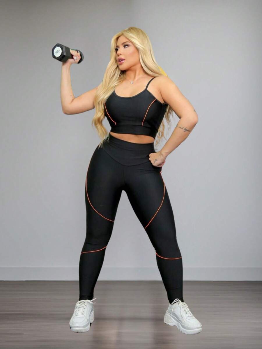 Conjunto Feminino Academia Top Calça Legging Cintura Alta Preto Listra Basica Mulheres Dia a Dia Trabalho Escola - Preto - Visão 1
