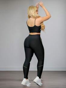 Conjunto Feminino Academia Top Calça Legging Cintura Alta Preto Listra Basica Mulheres Dia a Dia Trabalho Escola - Preto - Visão 3