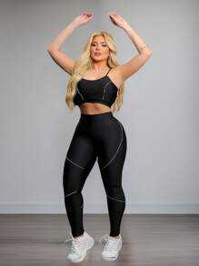 Conjunto Feminino Academia Top Calça Legging Cintura Alta Preto Listra Basica Mulheres Dia a Dia Trabalho Escola - Preto - Visão 4