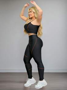 Conjunto Feminino Academia Top Calça Legging Cintura Alta Preto Listra Basica Mulheres Dia a Dia Trabalho Escola - Preto - Visão 2