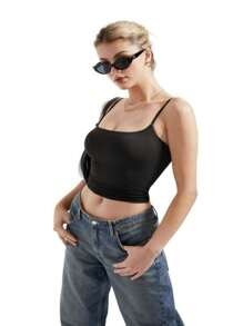 Women Sexy Summer Going Out Basic Tank Top Square Neck  Cami Shirt - 黑色 - 查看 3