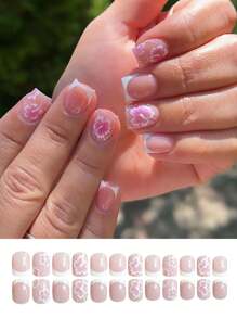 24Pcs Small Square Nails, Creative And Elegant Blooming Flowers Fake Nails, Detachable Full Hat Fake Nails Sticker. Press On Nails Nail Supplies Nails - Multicolor - View 2