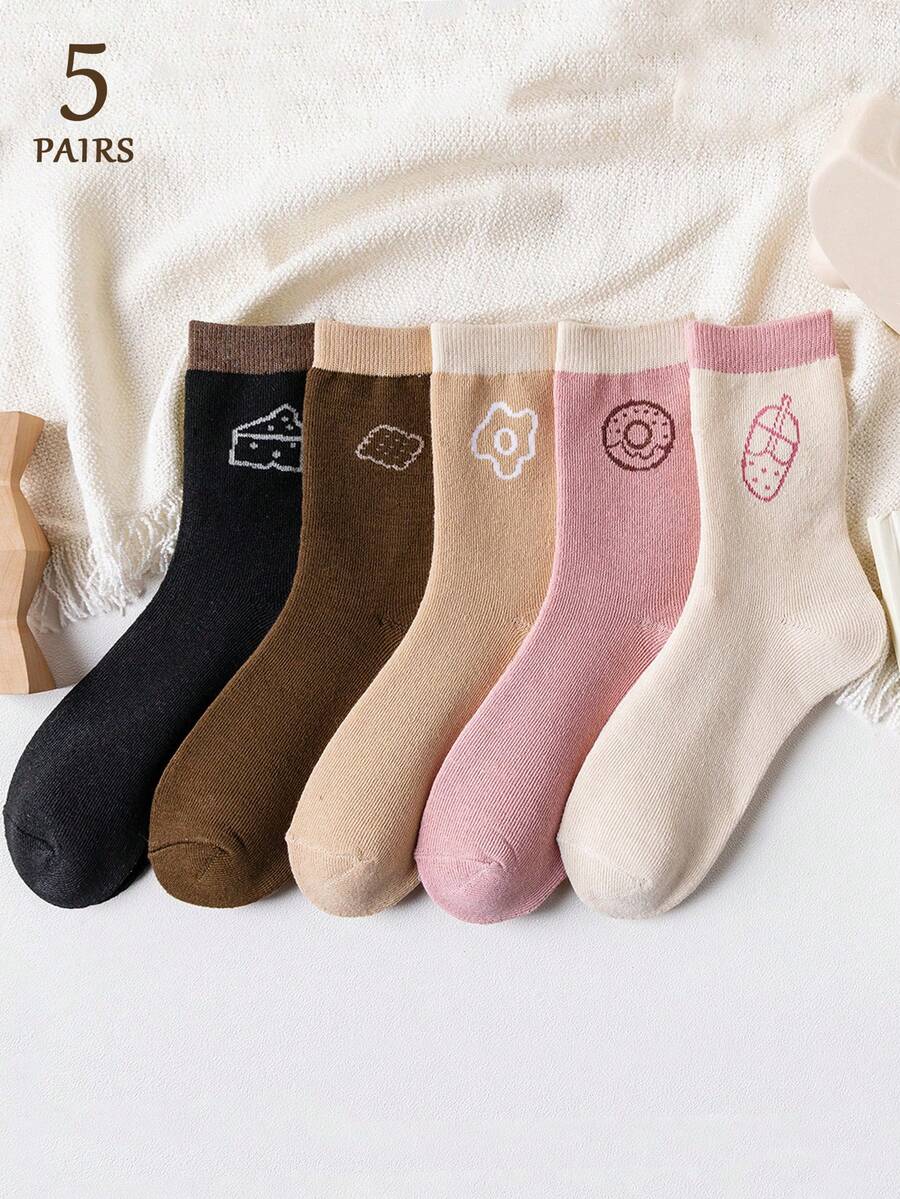 5 Cặp Vớ Cổ Cao Mềm Mại Ấm Áp Họa Tiết Thực Phẩm Dễ Thương Màu Kem Cho Nữ Mùa Thu/Đông - Nhiều màu - Xem 1
