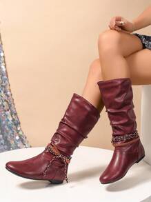 1 Đôi bốt Chelsea mũi tròn bằng da PU màu đỏ tía, buộc dây bất đối xứng, đế bằng, thời trang đa năng, thoải mái dành cho nữ - Màu Đỏ Sâu - Xem 4