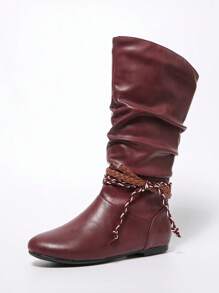 1 Đôi bốt Chelsea mũi tròn bằng da PU màu đỏ tía, buộc dây bất đối xứng, đế bằng, thời trang đa năng, thoải mái dành cho nữ - Màu Đỏ Sâu - Xem 5