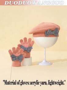 2 pièces / set : 2 pièces béret en tricot blanc pour enfants/tout-petits filles, béret d'artiste mignon, avec gants en acrylique tricoté, mode, élégant, populaire, pied-de-poule, décoration de nœud, , fin pour le début de l'hiver