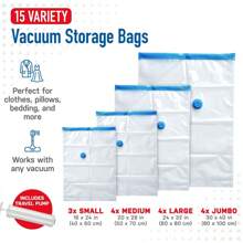 15 件装组合真空收纳袋带旅行泵节省空间的袋子压缩收纳袋适用于棉被和毯子，真空密封袋适用于衣物收纳家庭旅行收纳袋