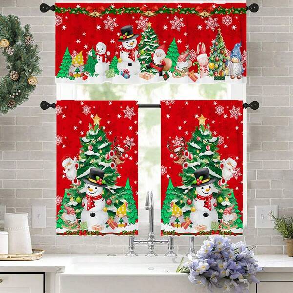 1pc/2pcs Theme, Tree Snowman Santa Elk Red Decoration Print Curtains, Curtain Curtain Rod Pocket Pastoral Kitchen Curtains, Cafe Curtains Living Room Office Bedroom Home Decoration Curtains Christmas Decorations Room Decor Christmas