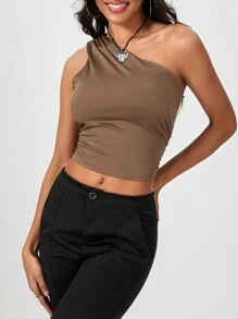 Women's Summer One Shoulder Tank Tops  Soft Stretchy Solid Color Floral For Daily Date Night Party - 棕色 - 查看 8