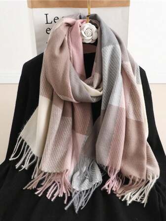 1 pezzo Elegante sciarpa a quadri in finta cashmere con frange da donna, nuovi arrivi, misura: 200*65cm, perfetta per outfit quotidiani e per mantenersi al caldo in inverno e autunno