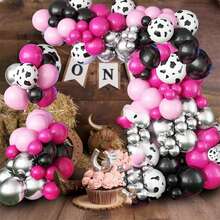 Bộ 123 quả bóng bay cao su màu hồng và đen hình con bò Bộ vòng cung bóng bay in hình con bò Bộ vòng cung bóng bay với bóng bay bạc kim loại Bóng bay màu hồng nhạt, Trang trí sinh nhật trang trại cao bồi Bóng bay theo chủ đề phương Tây - Màu Hồng Tươi - Xem 3