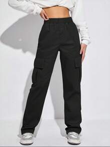 1pc Tween Girls' Fashionable Solid Color Loose Fit Cargo Pants With Multiple Pockets, Comfortable For Spring & Autumn - Black - View 3