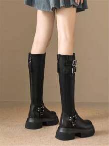 2025 Autumn/Winter New Women's Thick Sole Slim Fit Leather Tall Boots, Buckle Strap Riding Boots With Back Zipper, Black - Black - View 8