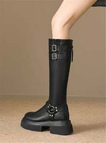 2025 Autumn/Winter New Women's Thick Sole Slim Fit Leather Tall Boots, Buckle Strap Riding Boots With Back Zipper, Black - Black - View 12