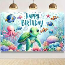 Pancarta de cumpleaños y tortuga de aventura submarina - Telón de fondo de fiesta con tema oceánico de poliéster, 1 pieza, accesorios decorativos de mesa de pastel con tema oceánico, accesorios para marco de fotos, sin electricidad requerida