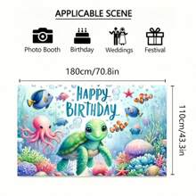 Pancarta de cumpleaños y tortuga de aventura submarina - Telón de fondo de fiesta con tema oceánico de poliéster, 1 pieza, accesorios decorativos de mesa de pastel con tema oceánico, accesorios para marco de fotos, sin electricidad requerida
