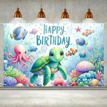 Pancarta de cumpleaños y tortuga de aventura submarina - Telón de fondo de fiesta con tema oceánico de poliéster, 1 pieza, accesorios decorativos de mesa de pastel con tema oceánico, accesorios para marco de fotos, sin electricidad requerida