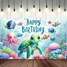 Pancarta de cumpleaños y tortuga de aventura submarina - Telón de fondo de fiesta con tema oceánico de poliéster, 1 pieza, accesorios decorativos de mesa de pastel con tema oceánico, accesorios para marco de fotos, sin electricidad requerida