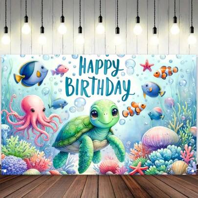 Pancarta de cumpleaños y tortuga de aventura submarina - Telón de fondo de fiesta con tema oceánico de poliéster, 1 pieza, accesorios decorativos de mesa de pastel con tema oceánico, accesorios para marco de fotos, sin electricidad requerida