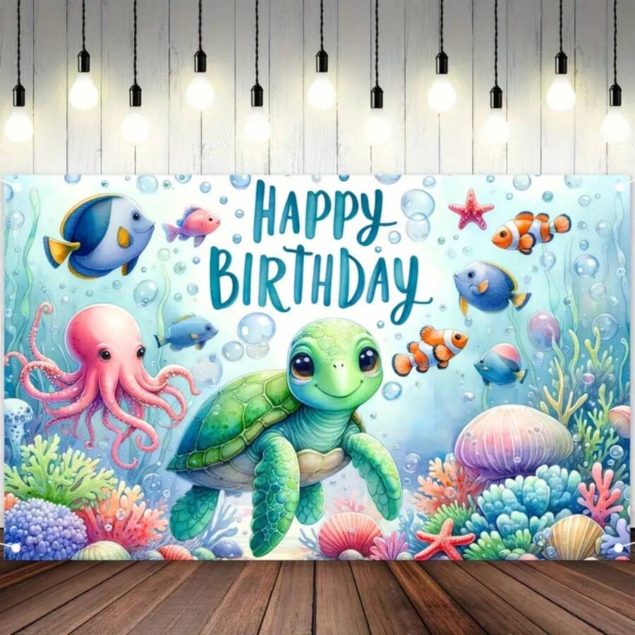 Pancarta de cumpleaños y tortuga de aventura submarina - Telón de fondo de fiesta con tema oceánico de poliéster, 1 pieza, accesorios decorativos de mesa de pastel con tema oceánico, accesorios para marco de fotos, sin electricidad requerida