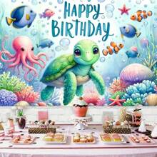 Pancarta de cumpleaños y tortuga de aventura submarina - Telón de fondo de fiesta con tema oceánico de poliéster, 1 pieza, accesorios decorativos de mesa de pastel con tema oceánico, accesorios para marco de fotos, sin electricidad requerida