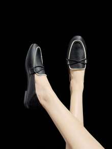 Mengshangli 平底鞋女网红一脚蹬乐福鞋休闲小皮鞋，女鞋 - 黑色 - 查看 6