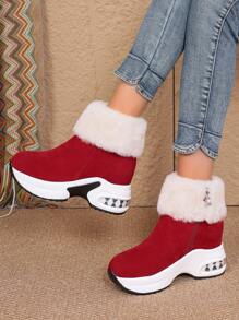 Women's Platform Snow Boots, Female Wedge Heel Thick Sole Casual Short Boots, Side Zip Wedge Comfortable Boots, Fur Collar Lightweight Snow Boots, Suitable For Daily Wear, Outdoor Activities, Campus Student Outfit, Autumn/Winter Snow Boots