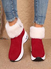 Women's Platform Snow Boots, Female Wedge Heel Thick Sole Casual Short Boots, Side Zip Wedge Comfortable Boots, Fur Collar Lightweight Snow Boots, Suitable For Daily Wear, Outdoor Activities, Campus Student Outfit, Autumn/Winter Snow Boots