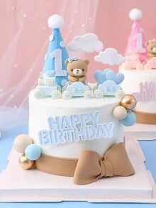 1 件装可爱粉蓝熊火车软胶娃娃摆件卡通生日蛋糕甜点装饰用品 - 彩色 - 查看 2