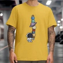 Nerd Astronaut Ice Cream Planets Casual T-Shirt Geek Galaxy Space Shirt 100% Cotton - 黃色 - 查看 1