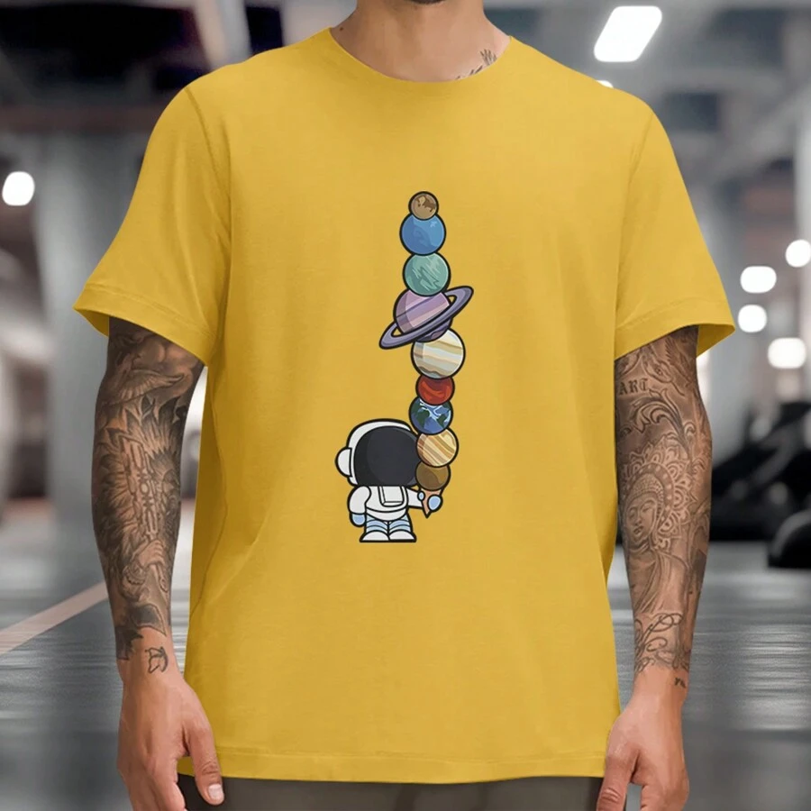Nerd Astronaut Ice Cream Planets Casual T-Shirt Geek Galaxy Space Shirt 100% Cotton - 黃色 - 查看 1
