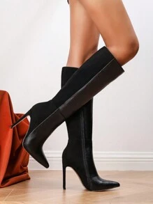 性感时尚黑色拼接 4.7 英寸高跟尖头侧拉链休闲百搭修身冬季女式长靴，适合搭配裙子、及膝靴 - 黑色 - 查看 3