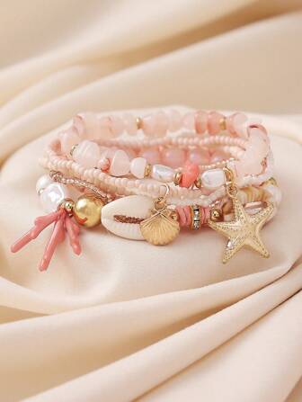 6pcs/Set Bohemian Style Ocean Theme Natural Stone, Pearl, Coral, Seashell, Starfish Beaded Multilayer Bracelet Set, Handmade Accessories For Women, Daily Wear & Holiday Gift