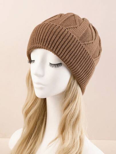1 pieza Gorro de punto de acrílico jecquard casual y elegante de unicolor y a rayas, de capa única con patrón ondulado fino, gorro unisex cálido y a prueba de viento para proteger las orejas, para otoño/invierno